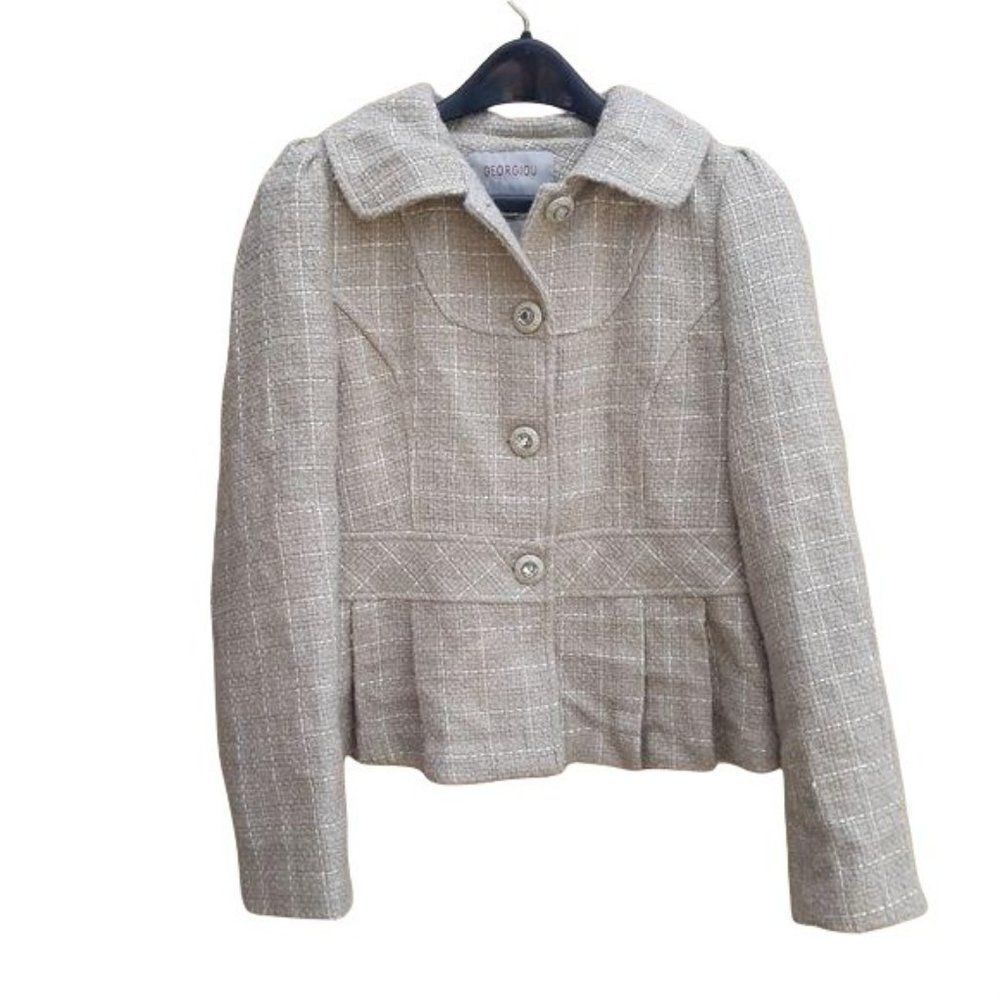 Vtg‎ Tweed Cream Blazer Sz S Old Money Jackie O Window Pane Plaid Retro 60s
